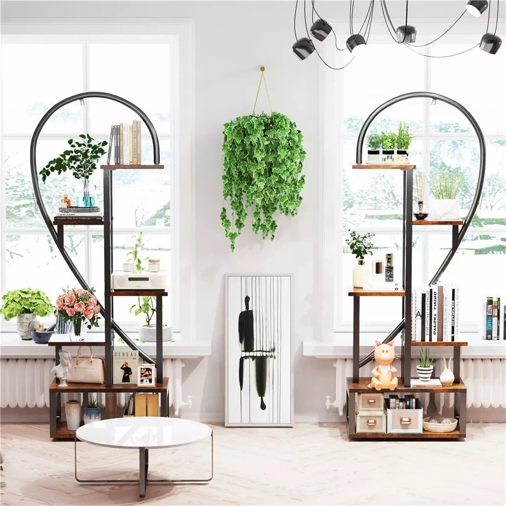 2-Pack 6-Tier Half-Heart Plant Stand – Indoor & Outdoor Metal and Wood Plant Display Rack with Side Hooks for Living Room, Garden, Balcony, Office