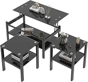 Black Glass Coffee Table Set of 3 Piece, Living Room Tables Set of 3 Pcs, Including 1 Coffee Table and 2 End Side Tables, Metal