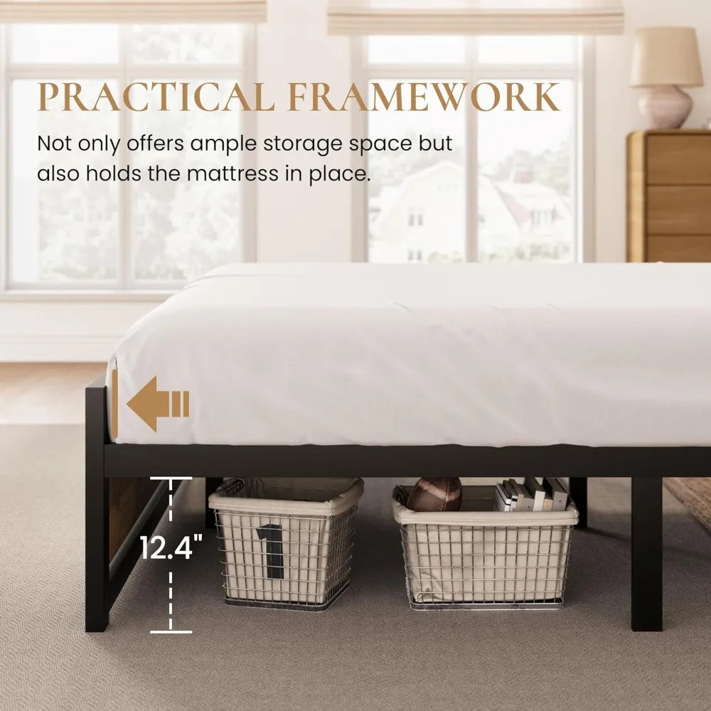 Heavy Duty Platform Metal Base Bed Frame with Modern Headboard