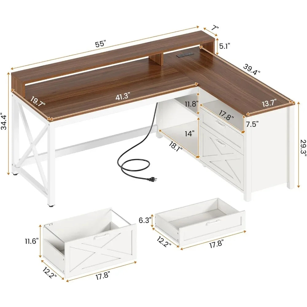 Farmhouse L Shaped 55" Desk with Drawers and Storage Shelves, and LED Lights