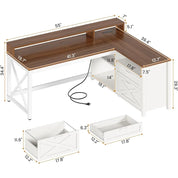 Farmhouse L Shaped 55" Desk with Drawers and Storage Shelves, and LED Lights