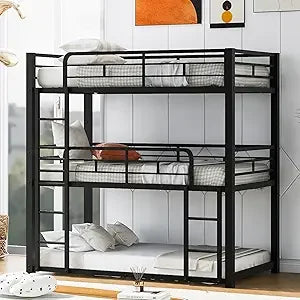 Twin Size Metal Bunk Bed with Built-in Ladder, Safety Guardrails for Small Spaces