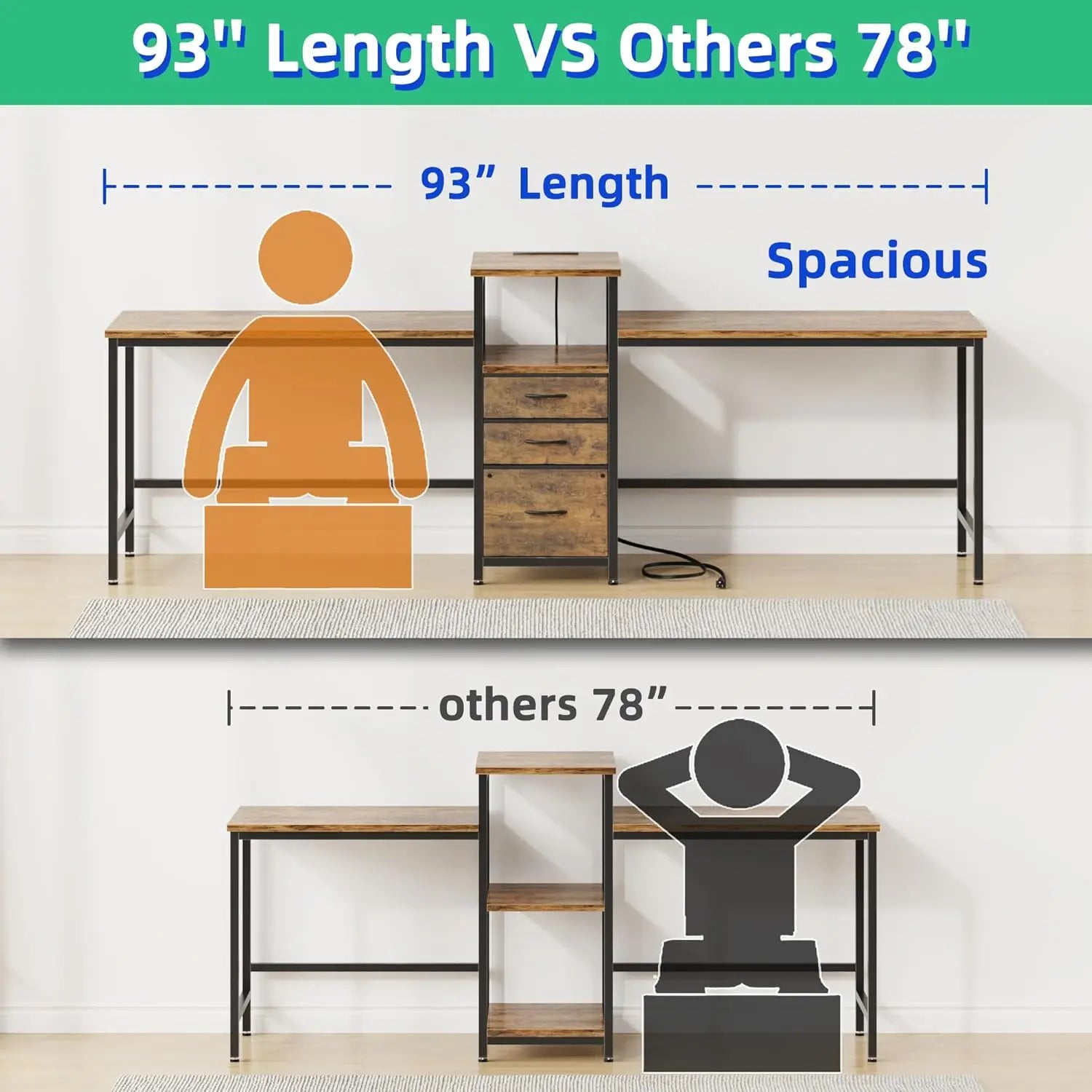 FurnishSpot 93” Two-Person Computer Desk with Power Outlets | Double Workstation with File Drawer & Printer Shelf