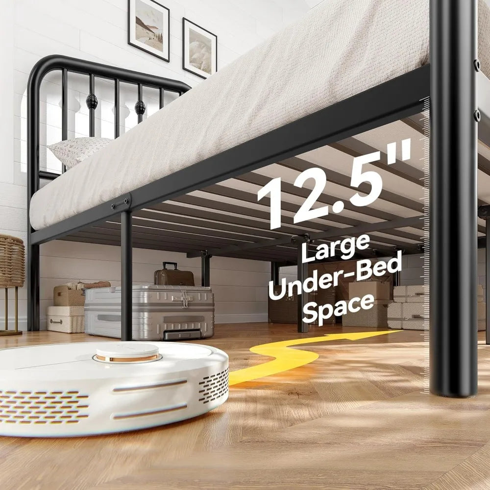 14 Inch Queen Bed Frame, Sturdy Rustic Metal Bed Frame Queen Size, Queen Bed Frame with Headboard and 12.5" Under