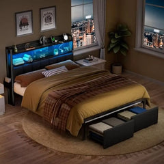 LED Queen Size Bed Frame with Storage Drawer and Charging Station