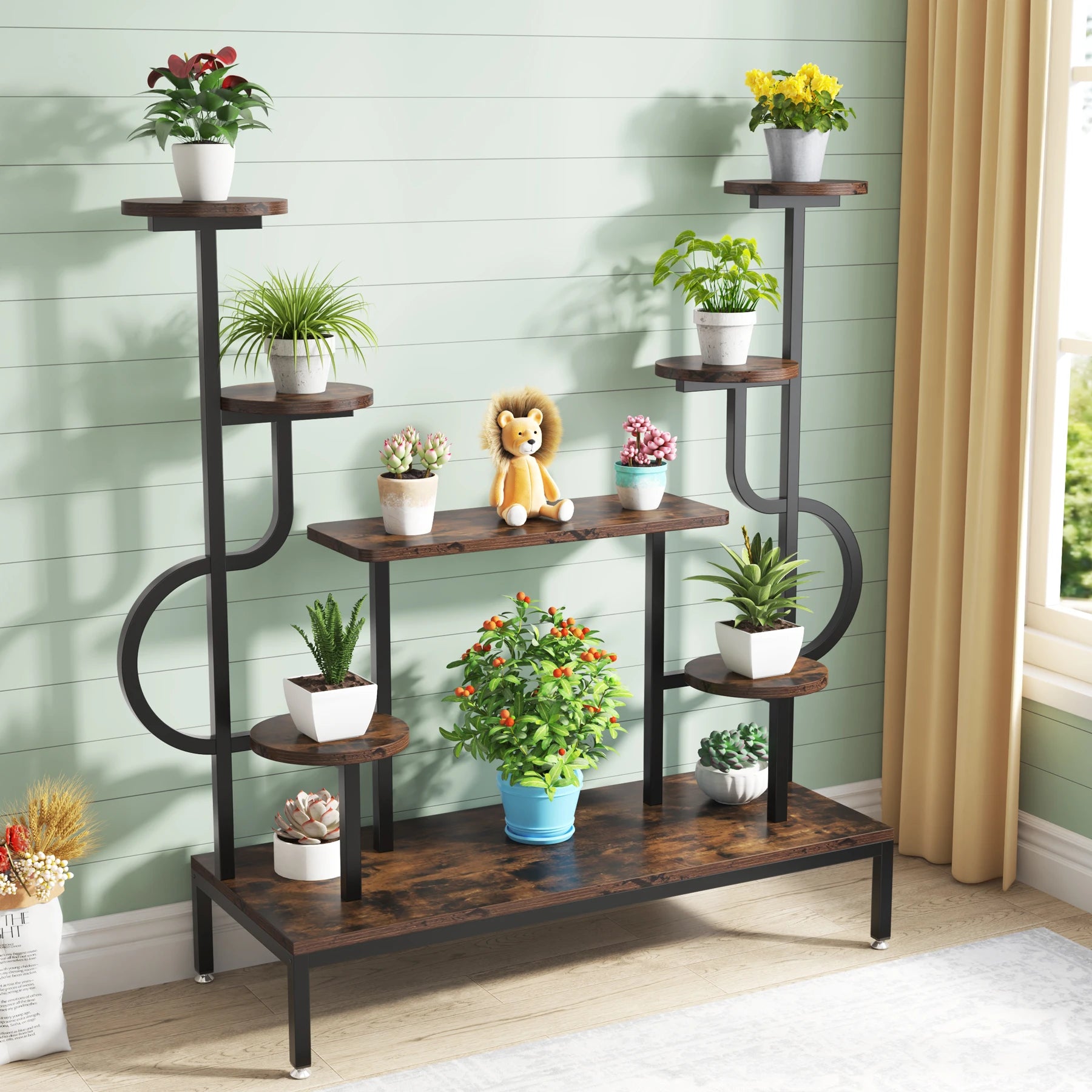 8-Tier Metal Plant Shelf for Multiple Plants, Round & Square Boards