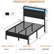Full/Queen size bed frame with charging station, LED bed frame, headboard with frame, platform bed frame, soft cushion bed frame