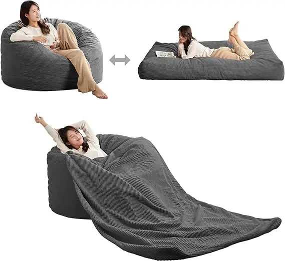 Striped Style Giant Bean Bag Chair Bed for Adults, Convertible Adult Beanbag from Lazy Chair to Floor Mattress, Large Round Bea