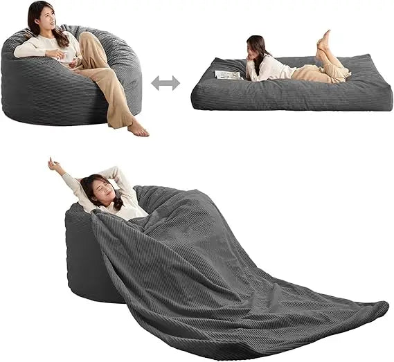 Striped Style Giant Bean Bag Chair Bed for Adults, Convertible Adult Beanbag from Lazy Chair to Floor Mattress, Large Round Bea