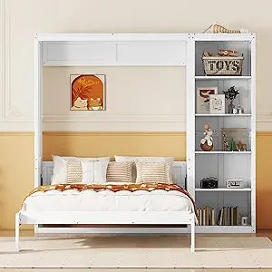 Full Murphy Bed with Storage Shelves, Drawers, LED Light, and Flexible Slats Support