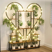2-Pack 6-Tier Half-Heart Plant Stand – Indoor & Outdoor Metal and Wood Plant Display Rack with Side Hooks for Living Room, Garden, Balcony, Office