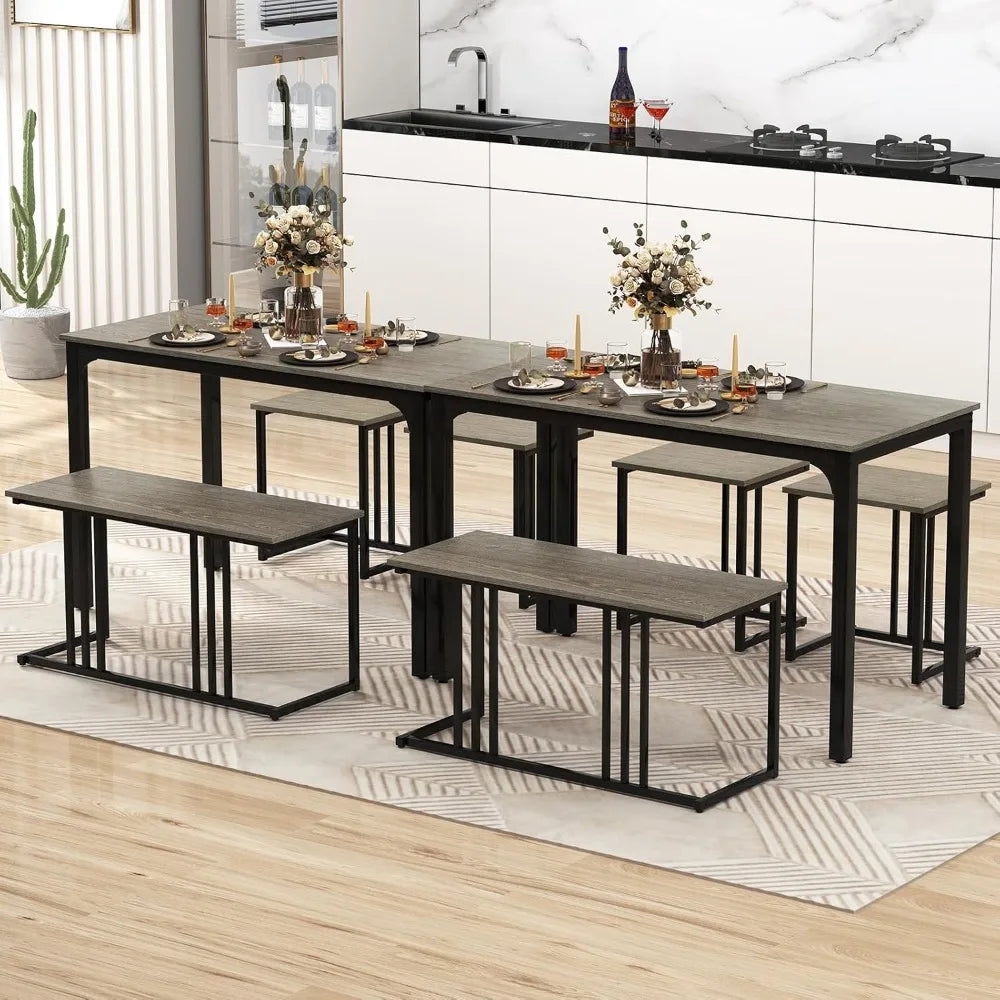 FurnishSpot® 4-Piece Modern Industrial Dining Table Set with Nesting Bench & Stools – Space-Saving & Heavy-Duty Steel Frame