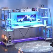 FurnishSpot Multifunctional Gaming Desk with LED Lights, Monitor Stand & Storage Shelves – 55” RGB PC Workstation Desk