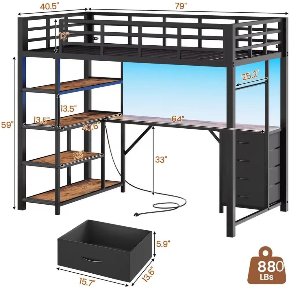Loft Bed Twin Size with L Shape Desk,4 Drawers,3-Tier Storage Shelves Metal Loft Bed Frame with Power Outlet and LED Lighted,No
