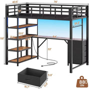 Loft Bed Twin Size with L Shape Desk,4 Drawers,3-Tier Storage Shelves Metal Loft Bed Frame with Power Outlet and LED Lighted,No