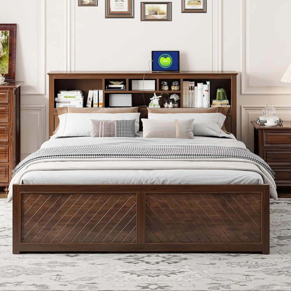 Harper & Bright Designs King Size Platform Bed with Bookcase Headboard and Storage Drawers, Wood King Storage Bed Frame with USB