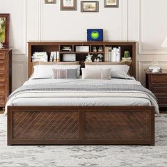 Harper & Bright Designs King Size Platform Bed with Bookcase Headboard and Storage Drawers, Wood King Storage Bed Frame with USB