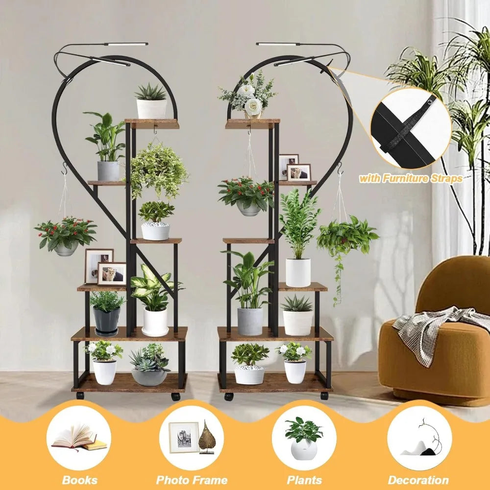2PCS 6 Tier Tall Plant Stand Indoor with Grow Lights, Half Heart Shaped Plant Stands for Indoor Plants Multiple with Wheels, Lar