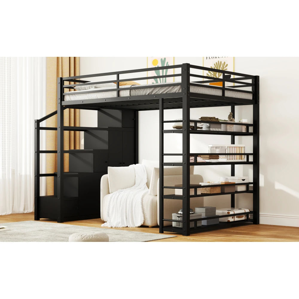 Full Size Metal Loft Bed with Storage Shelves, Cabinets and Wardrobe, Black