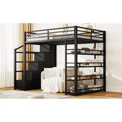 Full Size Metal Loft Bed with Storage Shelves, Cabinets and Wardrobe, Black