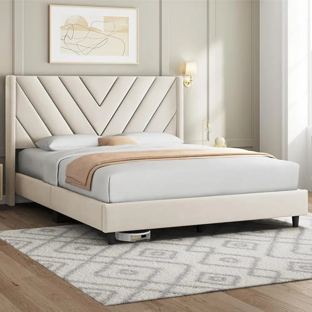Bed Frame Upholstered Platform Bed w/Wing Side/Wooden Slat Support/Tufted Headboard w/Wing Side, No Box Spring Needed