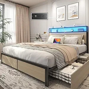 Queen Bed Frame with 2-Tier Storage Headboard, Metal Frame with 4 Storage Drawers, and Built in Charging