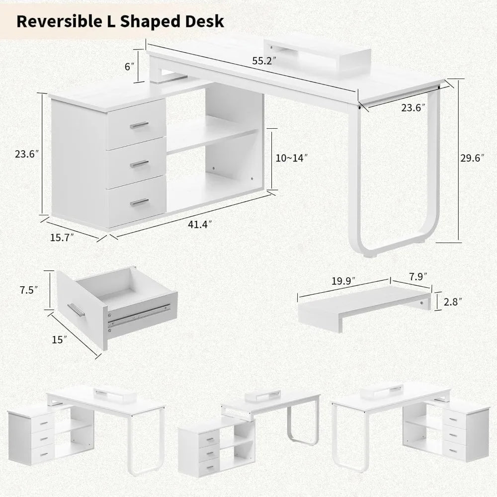 L-Shaped Desk with Drawers and Shelves, 55" Craft Desk with Storage, Removable Monitor Stand, Reversible L-Shaped Desk