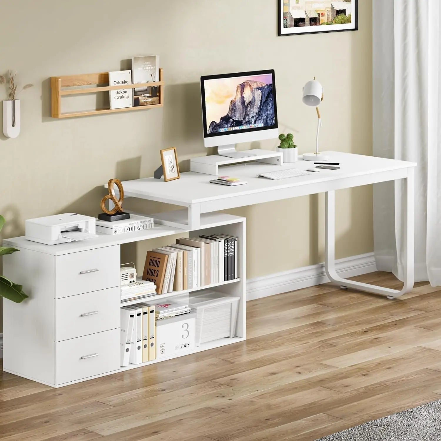 L-Shaped Desk with Drawers and Shelves, 55" Craft Desk with Storage, Removable Monitor Stand, Reversible L-Shaped Desk