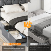 Vabches Queen Size Bed Frame with Headboard&4 Dustproof Storage Drawer Upholstered Platform Bed Frame with Power Strip&LED Light