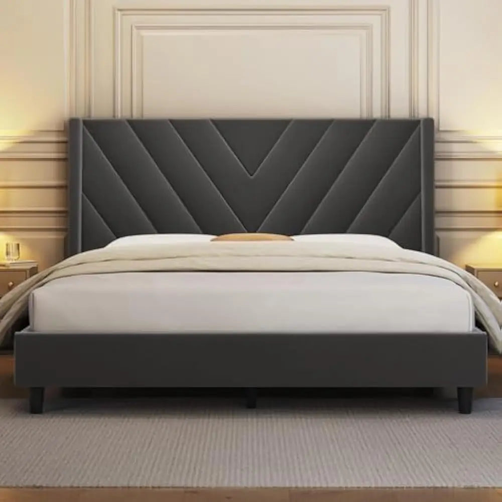 Bed Frame Upholstered Platform Bed w/Wing Side/Wooden Slat Support/Tufted Headboard w/Wing Side, No Box Spring Needed