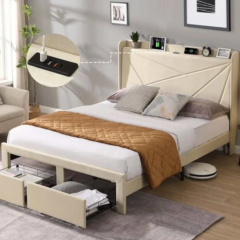 Upholstered Bed Frame w/Charging Station&2 Storage Drawers, Upholstered Headboard Platform Bed, No Box Spring Needed, Beds Frame