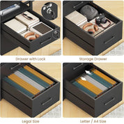 63" Computer Desk, Office Desk with Lockable Drawers for Legal/Letter File, Gaming Desk with LED Lights & Power Outlet, Home Of