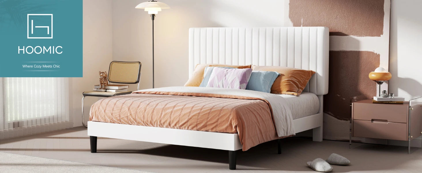 Upholstered Platform Bed Frame with Vertical Channel Tufted Velvet Fabric Adjustable Headboard