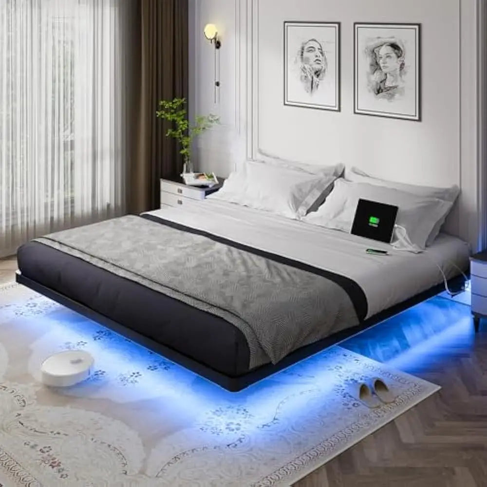 Smart LED Lights & Charging Station -  Metal Platform Bed, Easy Assembly No Box Spring Needed
