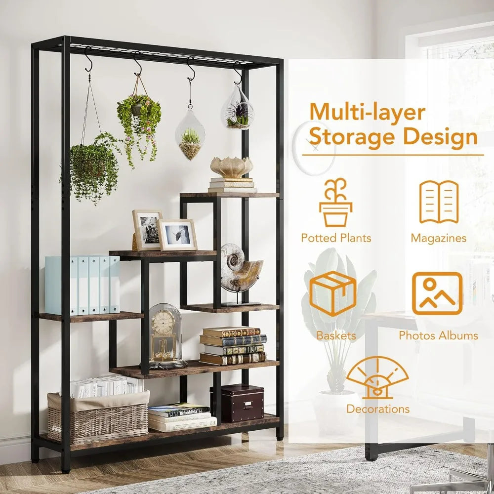 Indoor Plant Stand, 70.9 inches Large Metal Plant Shelf with 6PC S Hanging Hooks