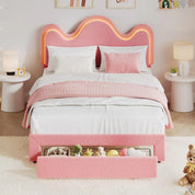 FurnishSpot™ Twin Bouclé Princess Bed Frame with Flower Headboard, LED Lighting & Storage Drawers