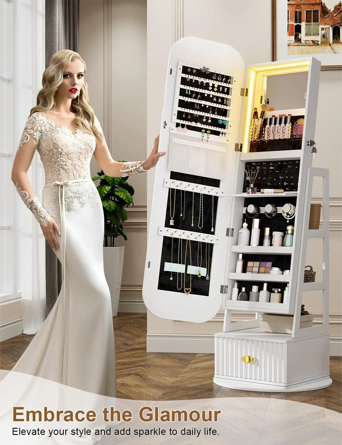Rotatable Full-Length Mirror Jewelry Cabinet with RGB Lights & 360° Swivel – White
