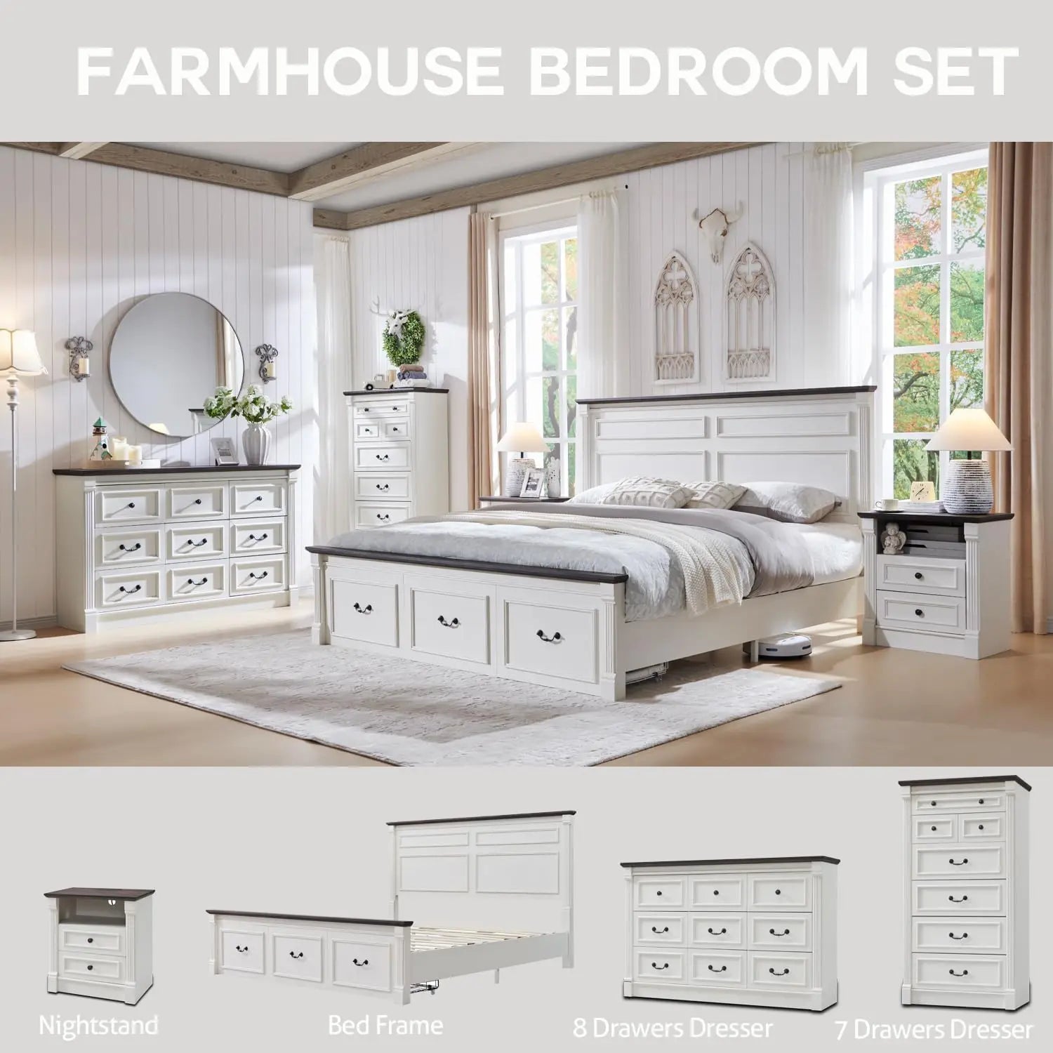 Farmhouse King Size Bed Frame with 51" Tall Headboard, Wood Platform Bed Frame 20" Tall Roman Column Decoration Footboard(White)