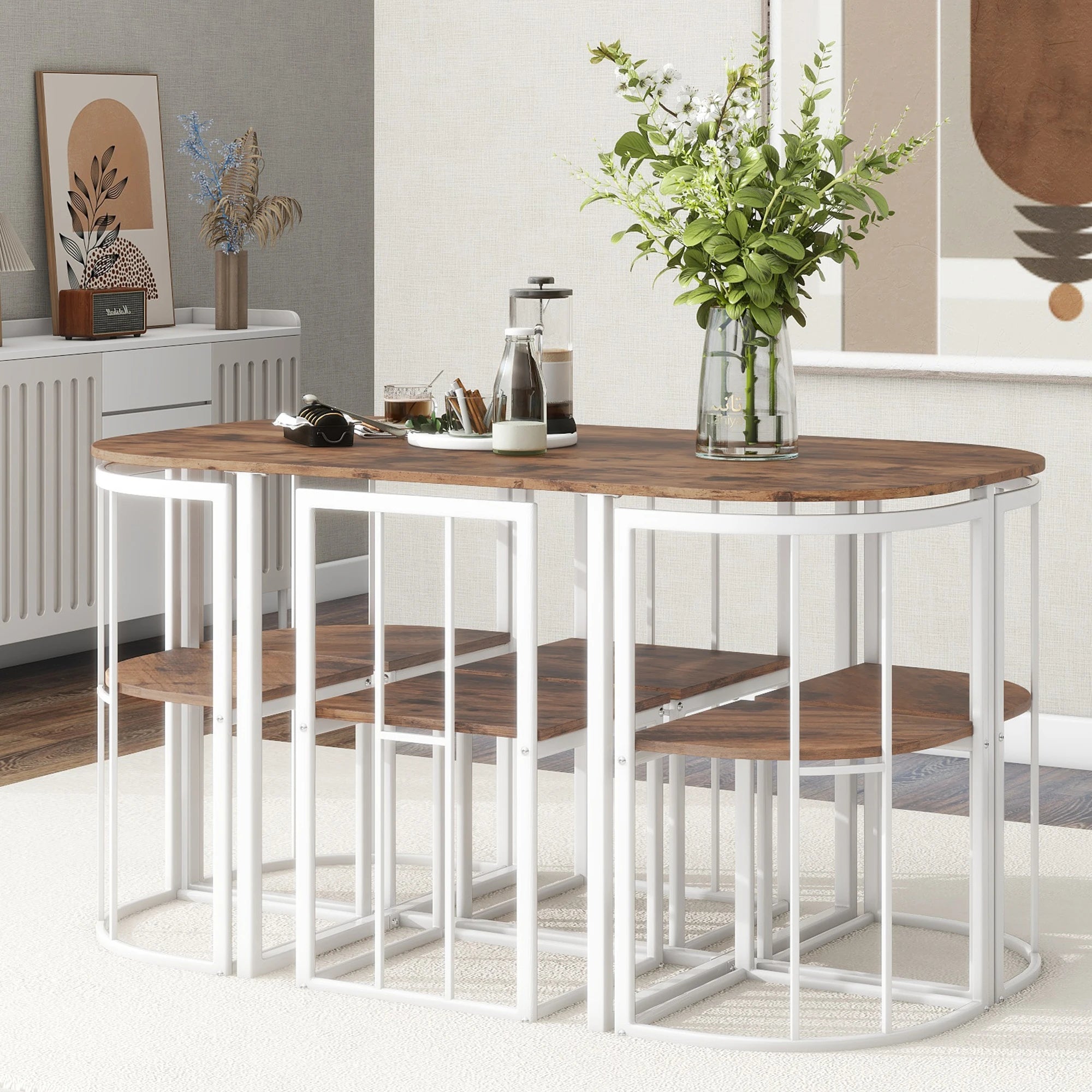 TOPMAX Modern 7-Piece Dining Table Set with Faux Marble Compact 55Inch Kitchen Table Set for 6