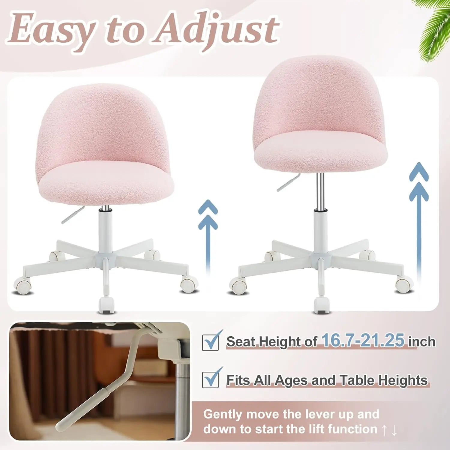 Cute Armless Desk Chair with Lumbar Support & Wheels