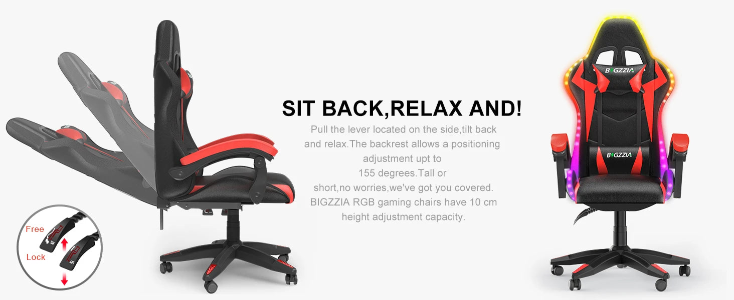 RGB Gaming Chair with LED Lights and Ergonomic Computer Chair Reclining PU Leather High Back Video Office Chair with Headrest