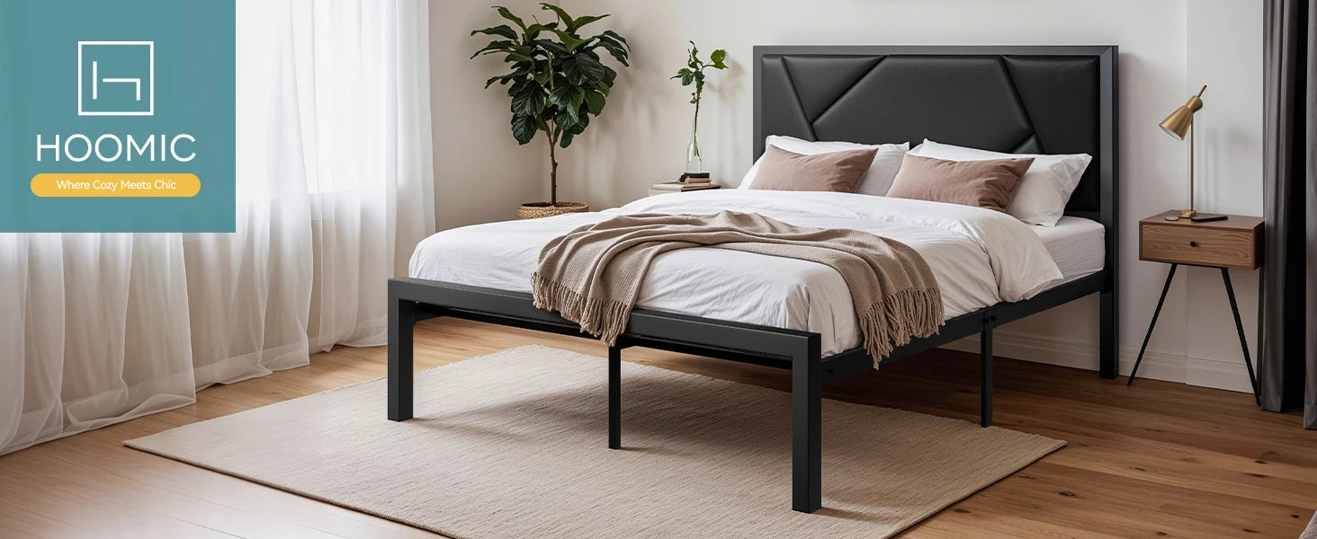 HOOMIC Metal Bed Frame with Upholstered Headboard, Litchi Grain Faux Leather Design, Easy Assembly, No Box Spring Needed Allewie