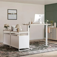 L-Shaped Executive Standing Desk with File Cabinet and Shelves, Electric Height Adjustable, Light Walnut