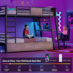 Bunk Bed with Desk, Twin Over Twin Metal Bunk Beds with Power Outlets, RGB LED Lights, 2 Larger Storage Drawers, Bed with Safety