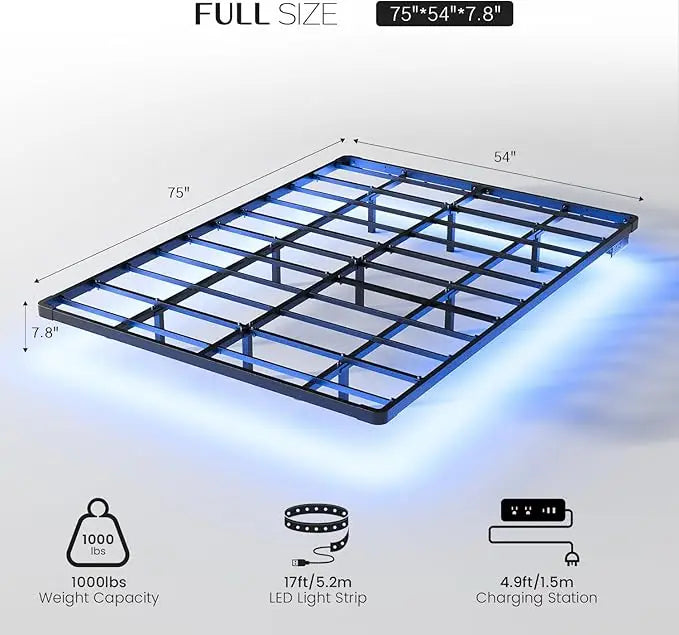 Floating Bed Frame Full Size w/Smart LED Lights & Charging Station -  Metal Platform Bed, Easy Assembly No Box Spring Needed