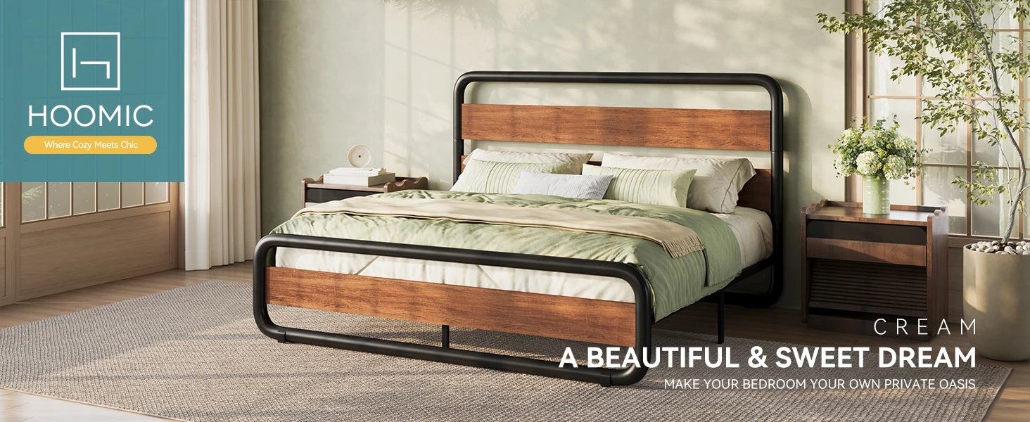 Metal Bed Frame with Curved Wooden Headboard & Footboard