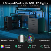 65.7" L Shaped Desk with Drawers, Corner Computer Gaming Desk with Power Outlet & LED Light, Office Desk with File Drawer