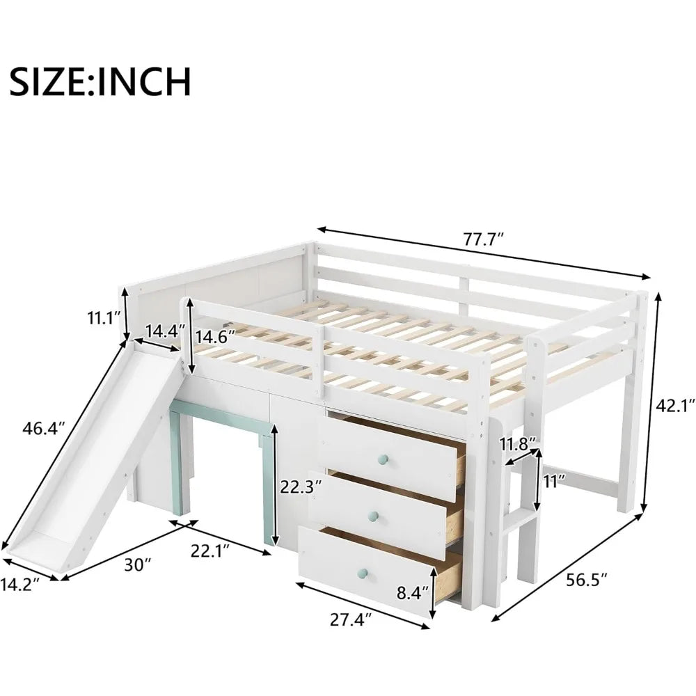 Playful Design Full Size Low Loft Bed with Slide and 3 Storage Drawers, Multiple Functions Wooden Loft Bed Frame with 2 Doors fo