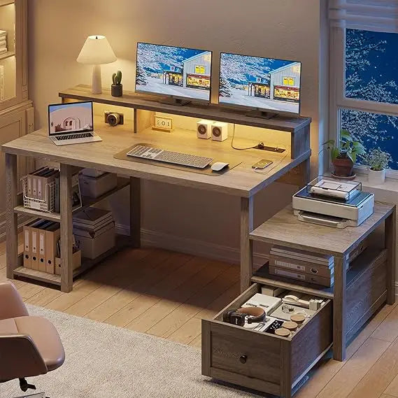 63" Farmhouse Style Computer Desk with Drawers, Storage Shelves and Power Outlets, Home Office Desks with Long Monitor Stand fo