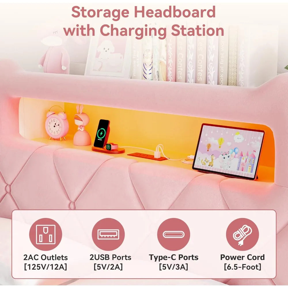 Queen Upholstered LED Bed Frame with 2 Storage Drawers and 2-Tier Storage Headboard,Velvet Princess Platform Bed with Charging
